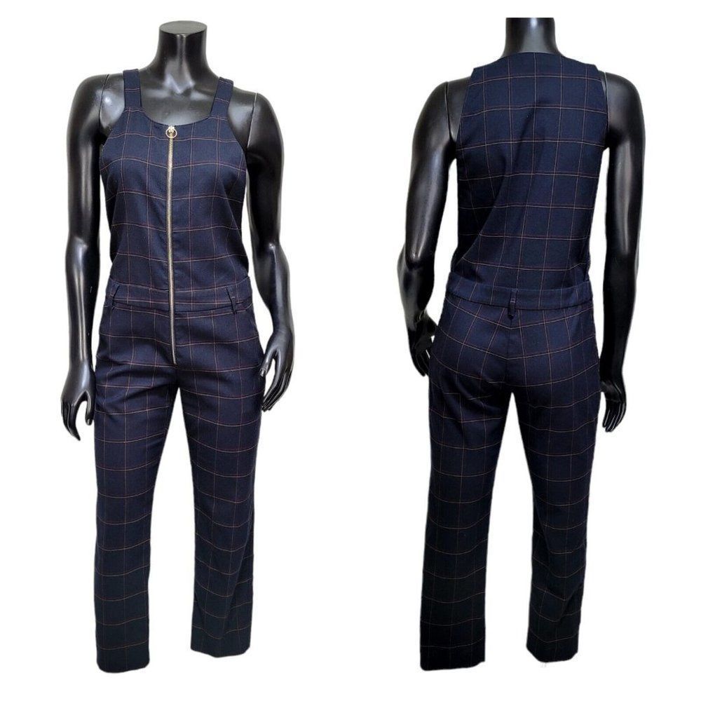 Marciano Womens XS Navy Blue  Windowpane Plaid‎ Zip Front Jumpsuit Sleeveless
